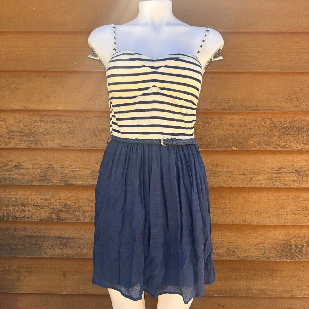 Charlotte Russe Navy Blue Striped Dress With Belted Waist Size M